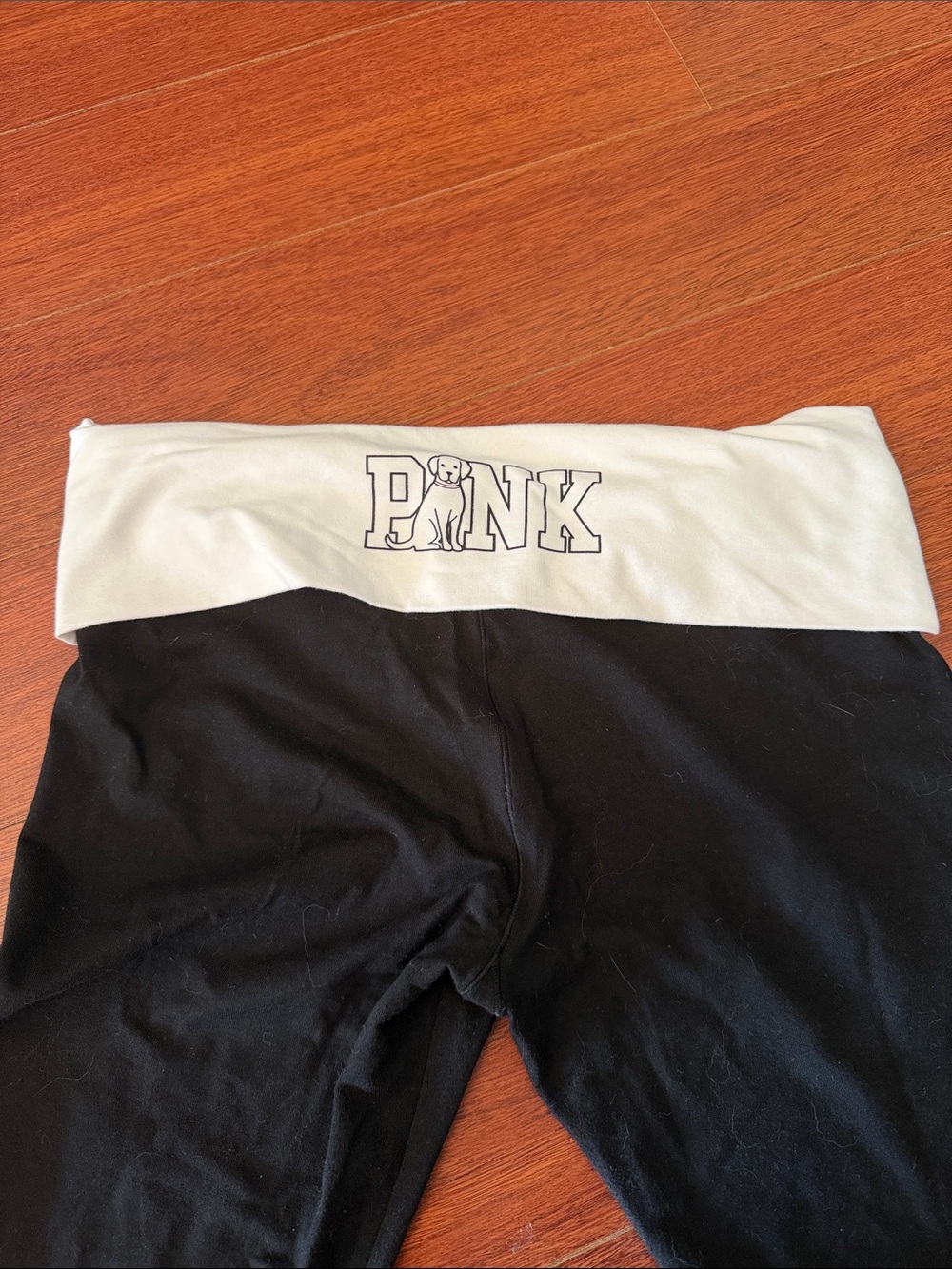 PINK Victoria's Secret Black Leggings with White Fold-Over Waistband & Logo